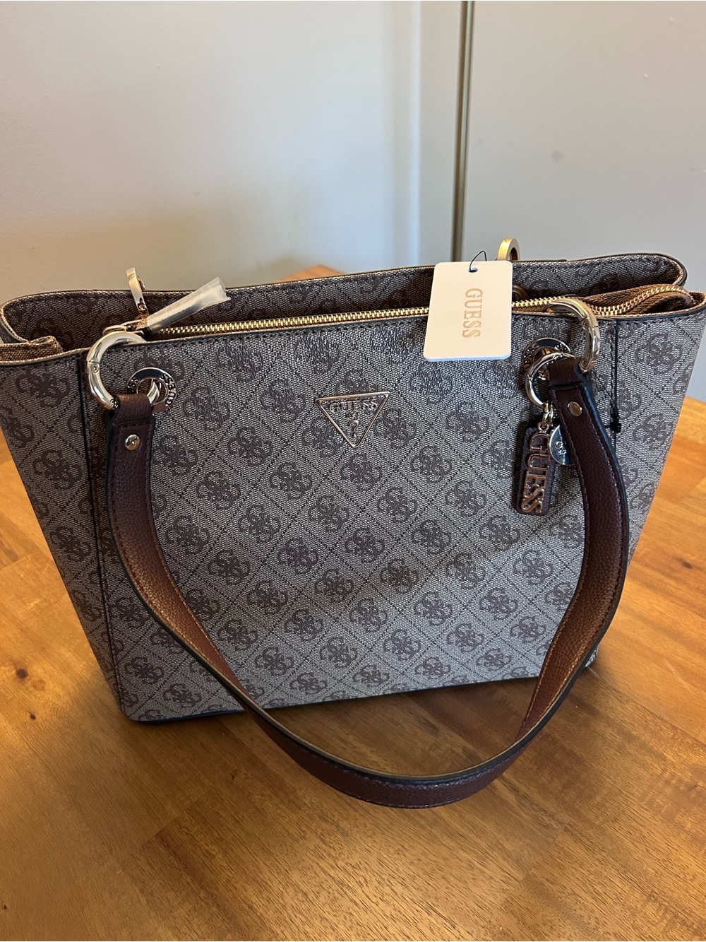 NWT GUESS Noelle Brown 4-G Logo Double Compartment Tote